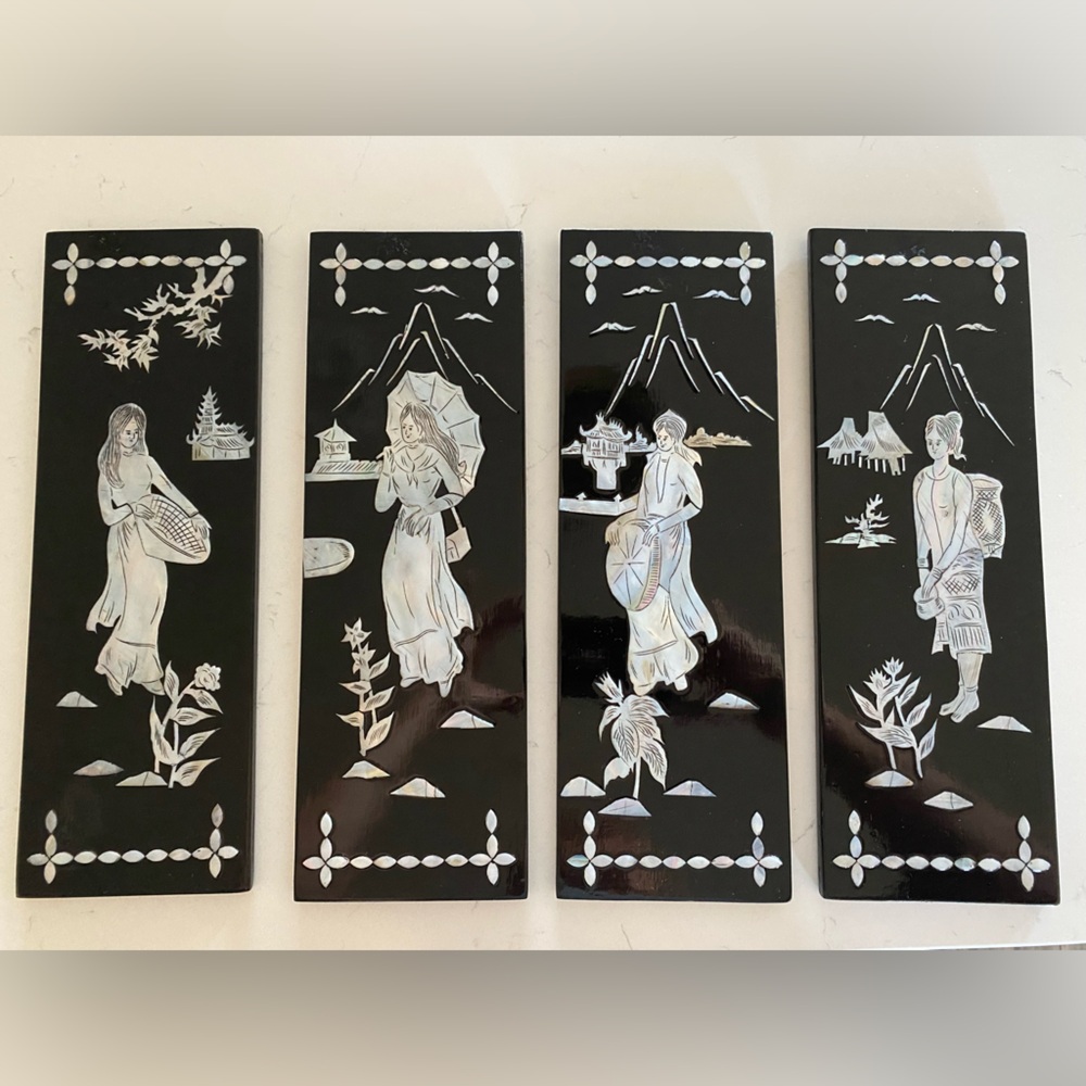 4) Vintage Black Lacquer Mother of Pearl Hanging Wall Panels 13.5”/4.5”